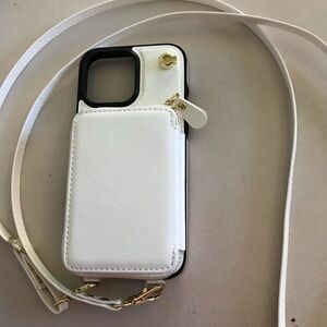 White Leather iPhone 16 pro max Case with Strap